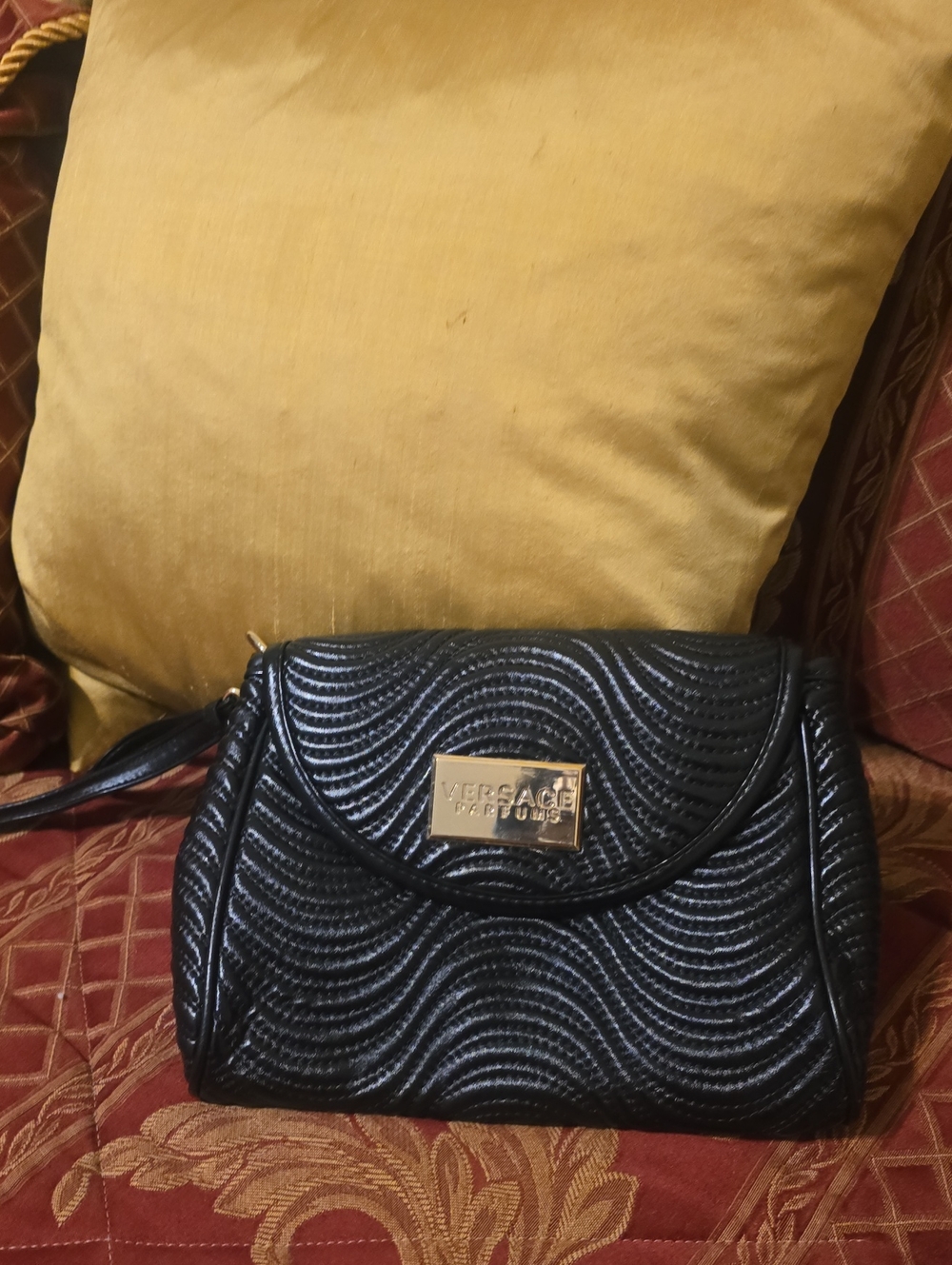 Versace Parfumd Black Quilted Wave Wristlet with Gold Plaque